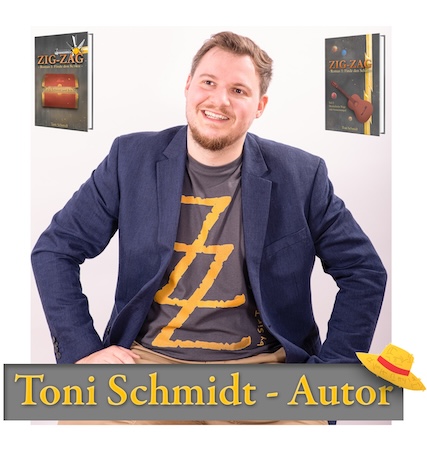 Toni Schmidt mit Logo und Bücher 